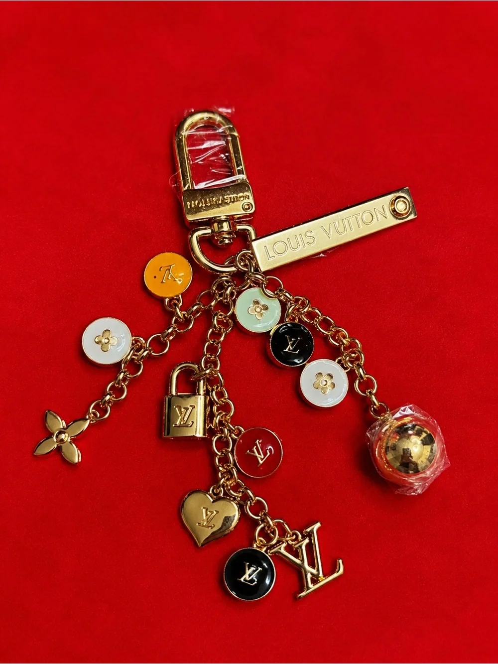 Louis Vuitton stamped Gold-Tone Multicolor Charm Keychain/ bag charmEnamel Discs